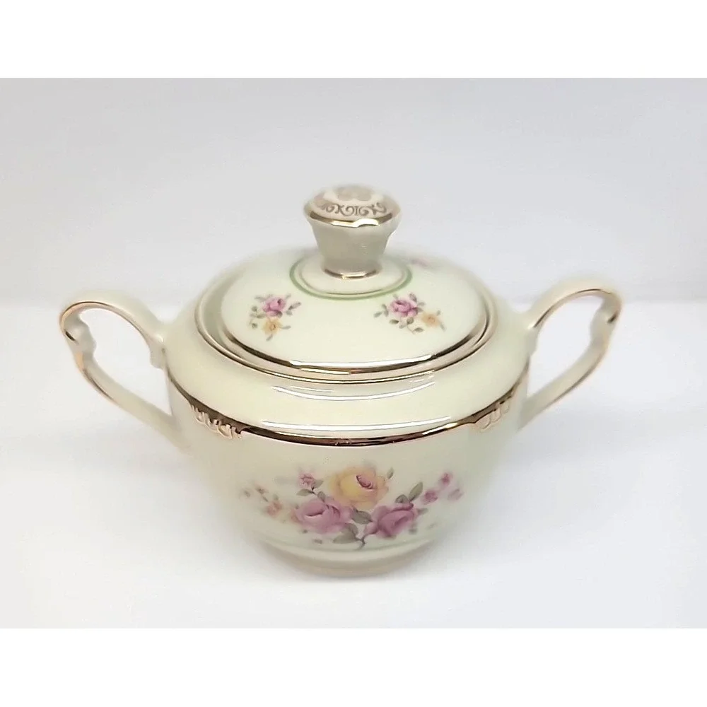 Bavaria Germany US Zone Sugar & Creamer-Ivory w/Pink/Yellow Flowers-Gold Trim